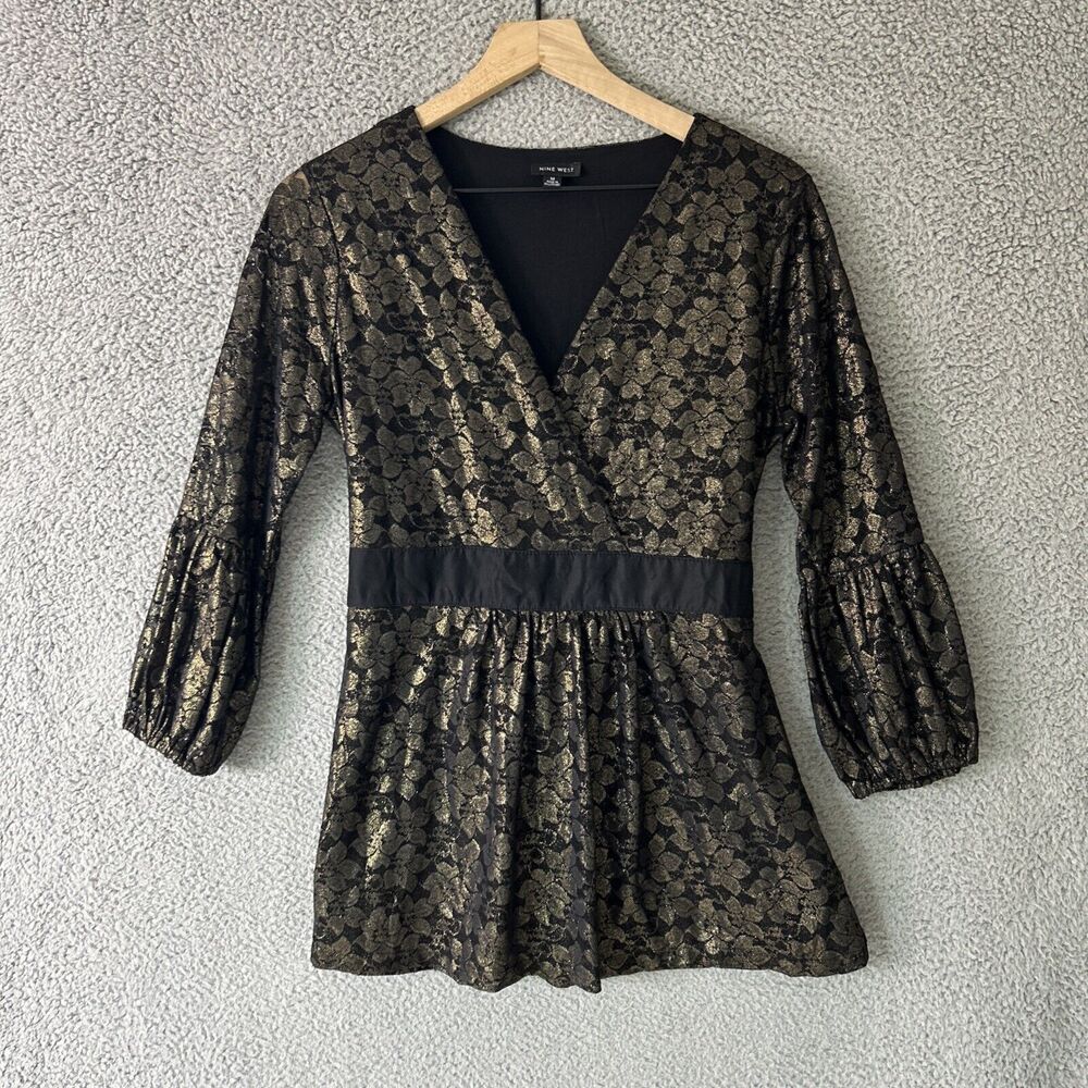 Whimsigoth Dark Floral Top Medium Black Gold Tie Waist Babydoll Fairy Grunge Y2K